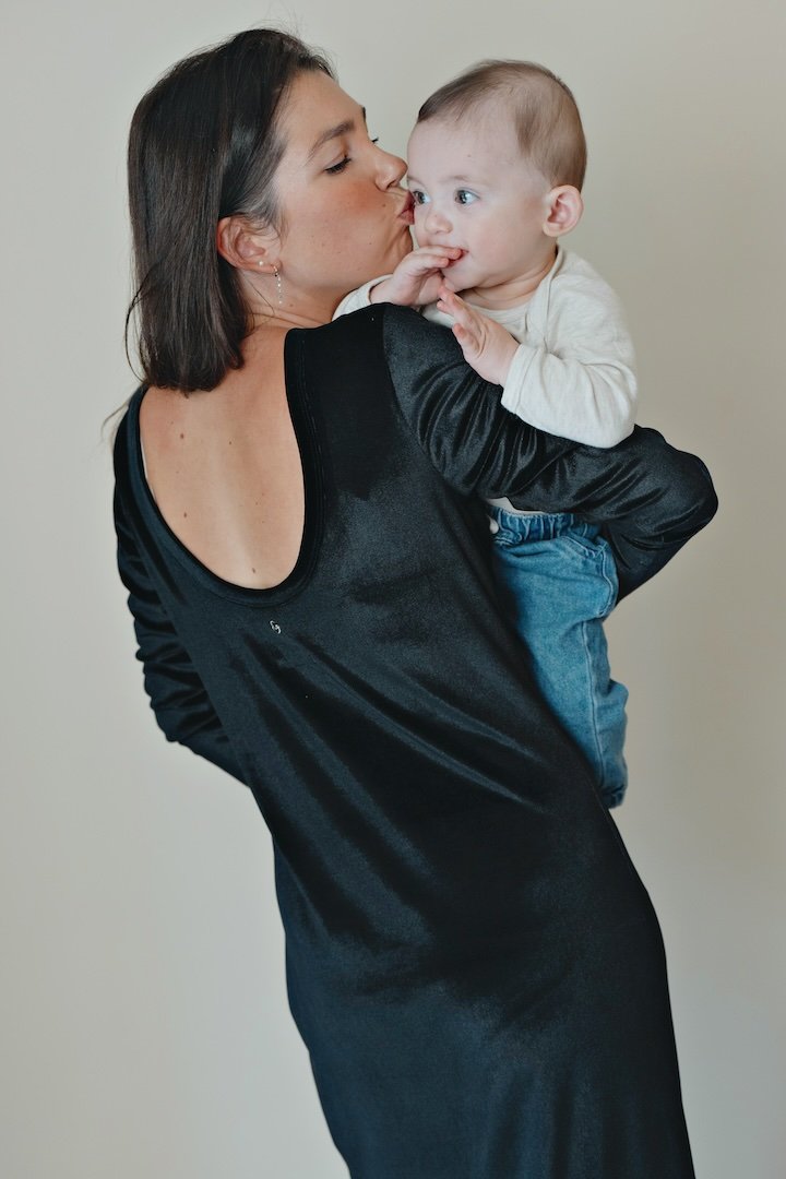 Long black velvet backless nursing dress