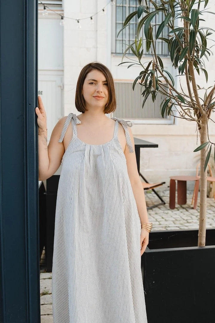 Dolce Latte striped blue and ecru long nursing dress
