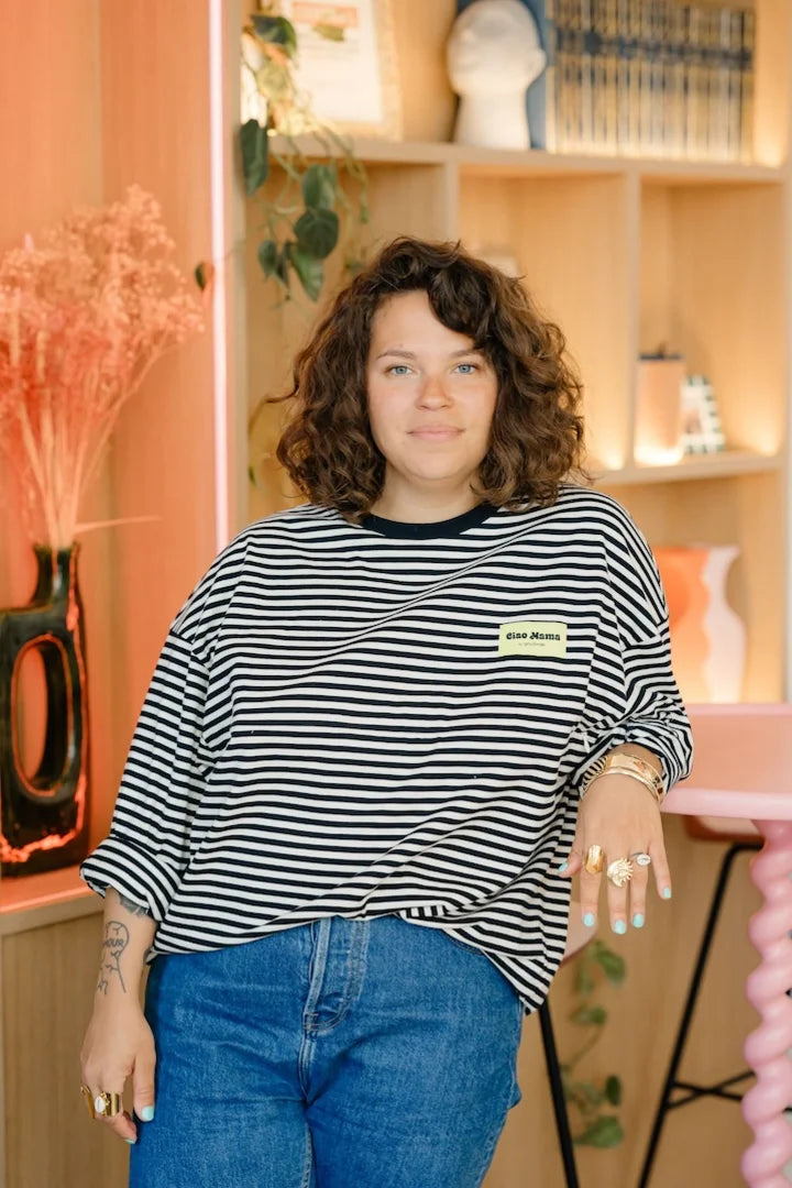 Long-sleeve striped nursing T-shirt Ciao Mama in black and ecru